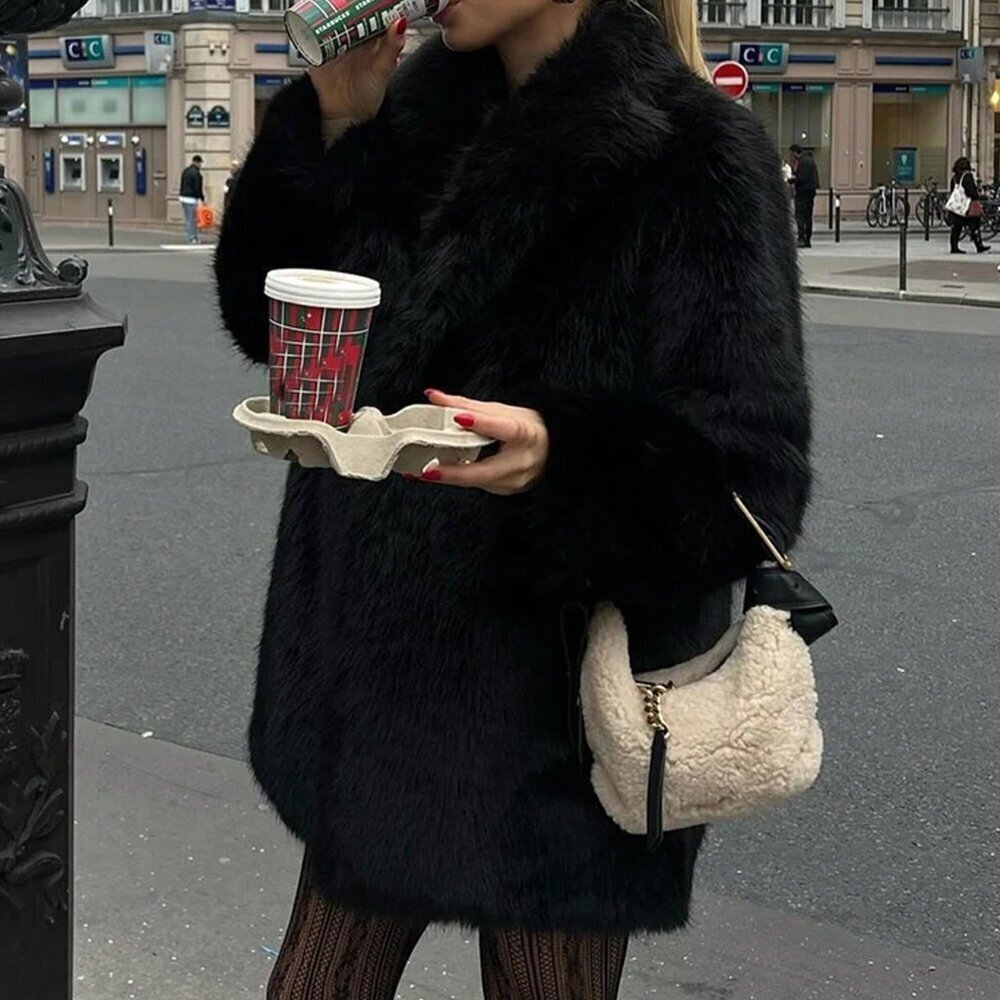 Black Casual Women's Faux Fur Coat